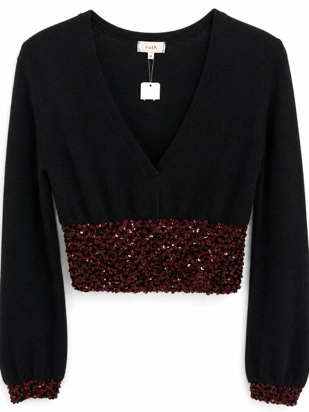Ruth Low V Cut Pullover Sweater w/ Beaded Waist & Cuff
